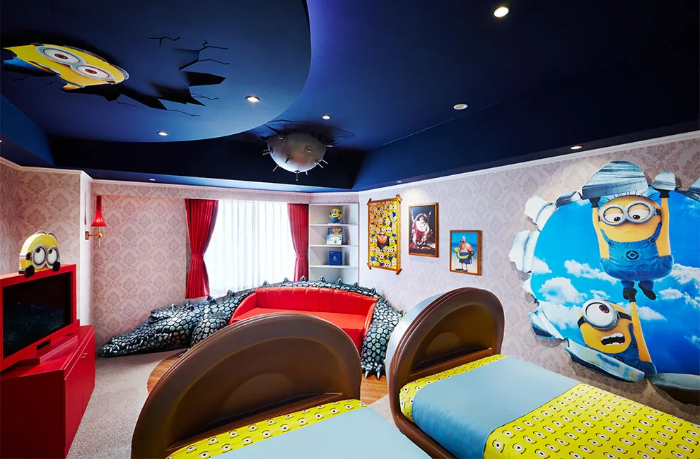 Minions Gru's House themed room at Hotel Universal Port with colorful decor and character designs