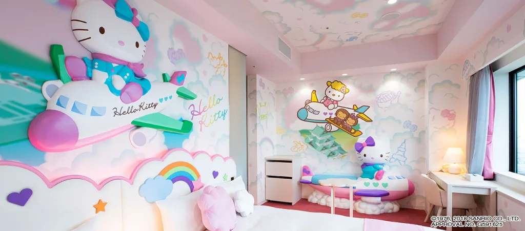 Hello Kitty Pink Flight themed room at Centrair Hotel with aviation-inspired Hello Kitty decorations