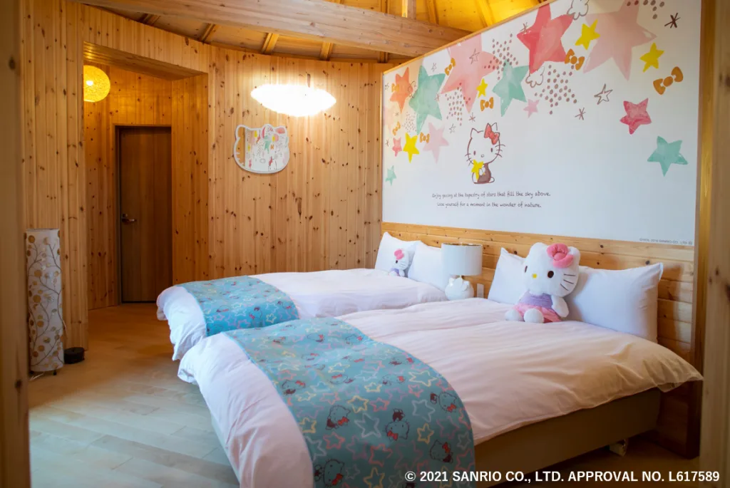 Hello Kitty themed master bedroom with premium bedding and character decorations at Awaji Island