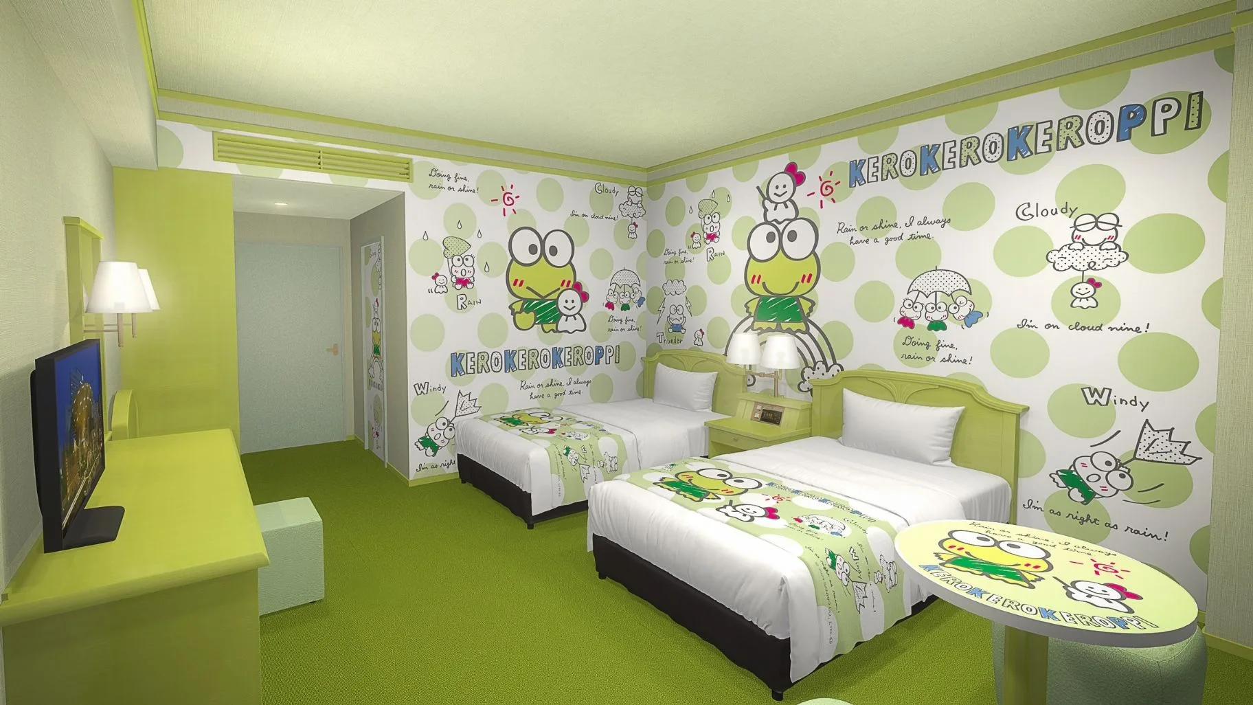 Keroppi themed hotel room with frog character designs and green themed furniture at Hotel Plaza Kobe