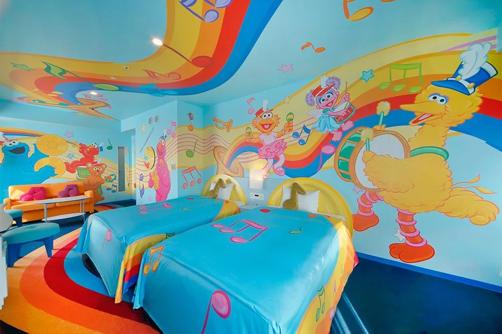 Sesame Street themed hotel room at Kintetsu Universal City with Elmo decorations and character furniture