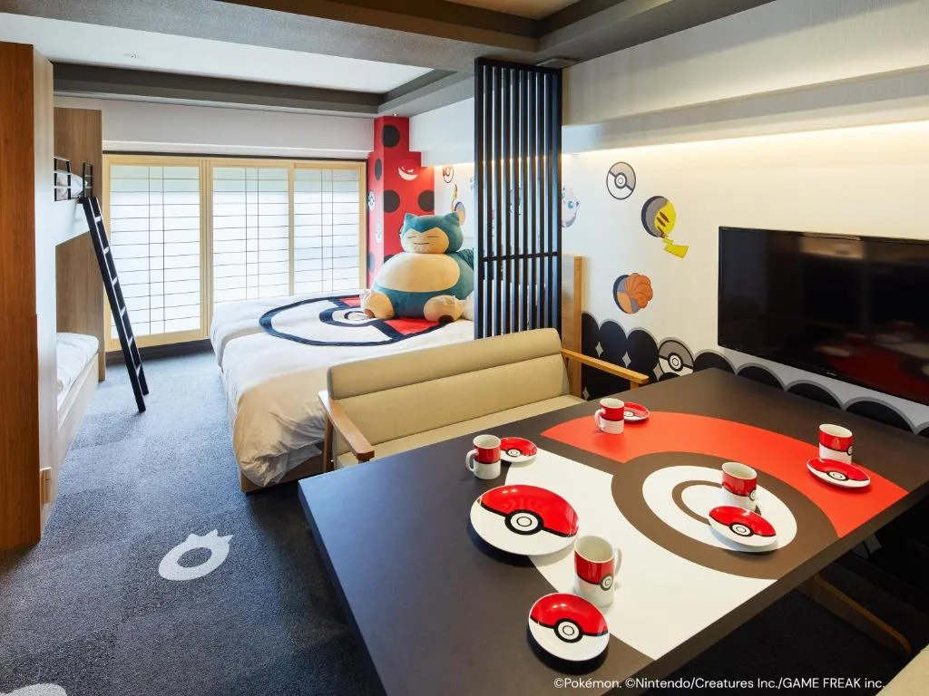 Pokemon themed hotel room at MIMARU with Pikachu decorations and Pokemon-inspired furniture