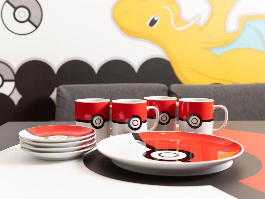 Pokemon themed dining set with Pokeball plates, character cups and themed tableware at MIMARU hotel