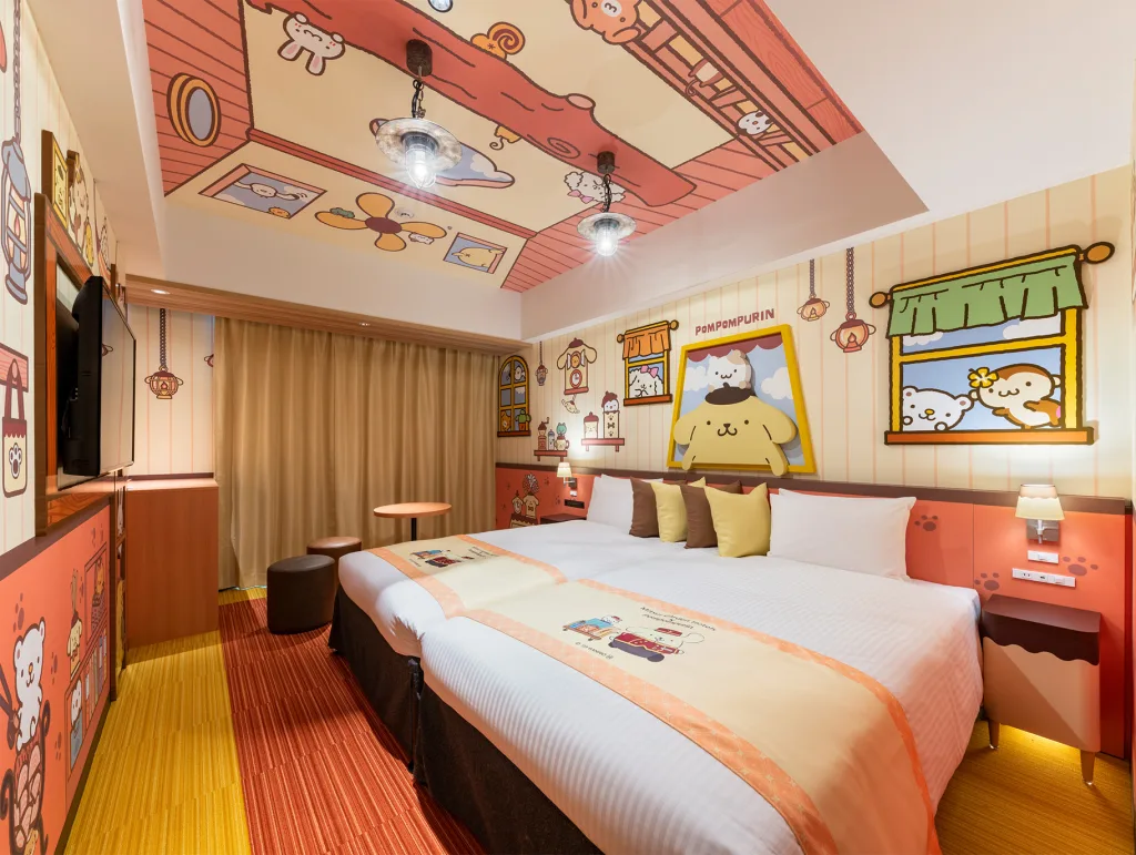 Pompompurin themed hotel room with yellow color scheme and character designs at Mitsui Garden Hotel Sapporo