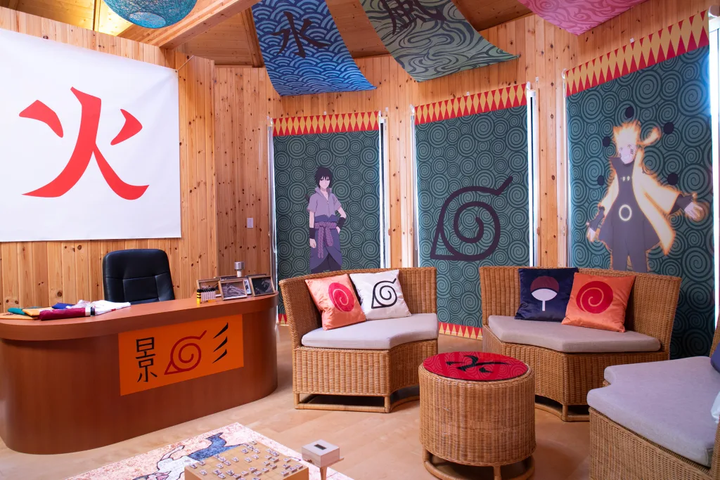 NARUTO themed living space with Hidden Leaf Village motifs and ninja decorations