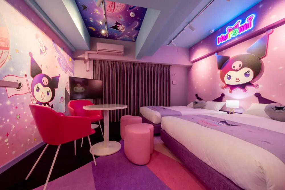 Cosmic Kuromi themed hotel room in Kyoto with purple galaxy design and character decorations